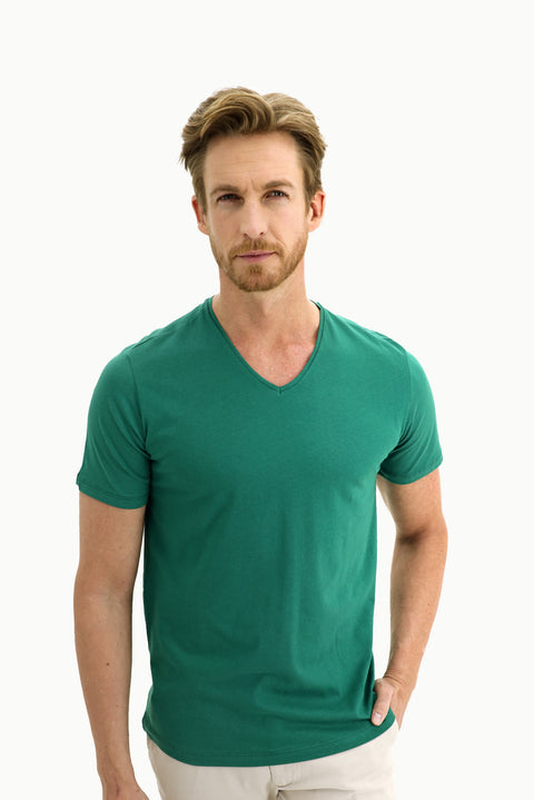 Pistachio Green V-Neck Slim Fit Narrow Cut Cotton T-Shirt