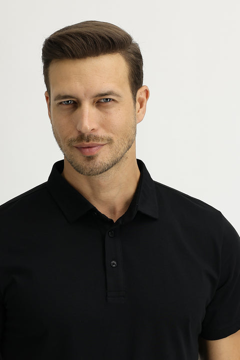 Black Polo Collar Regular Fit Cotton T-shirt