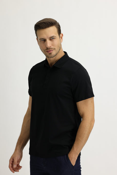 Black Polo Collar Regular Fit Cotton T-shirt