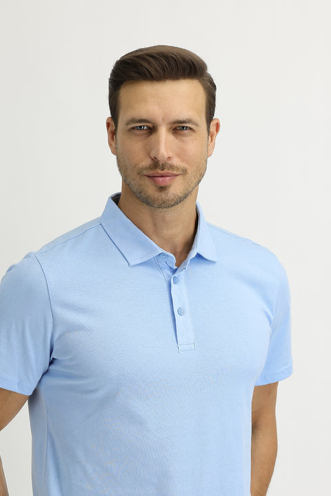 Uçuk Mavi Polo Yaka Regular Fit Pamuk Tişört