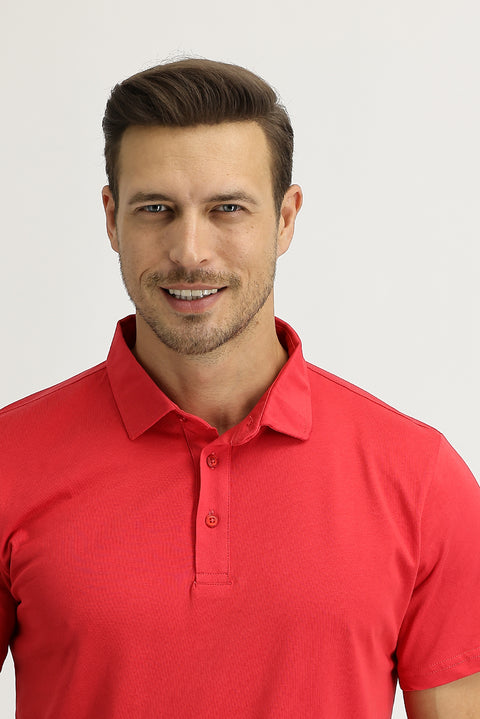 Mercan Kırmızı Polo Yaka Regular Fit Pamuk Tişört