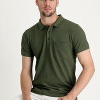 Military Khaki Pocketed Polo Collar Regular Fit Embroidered Cotton T-Shirt
