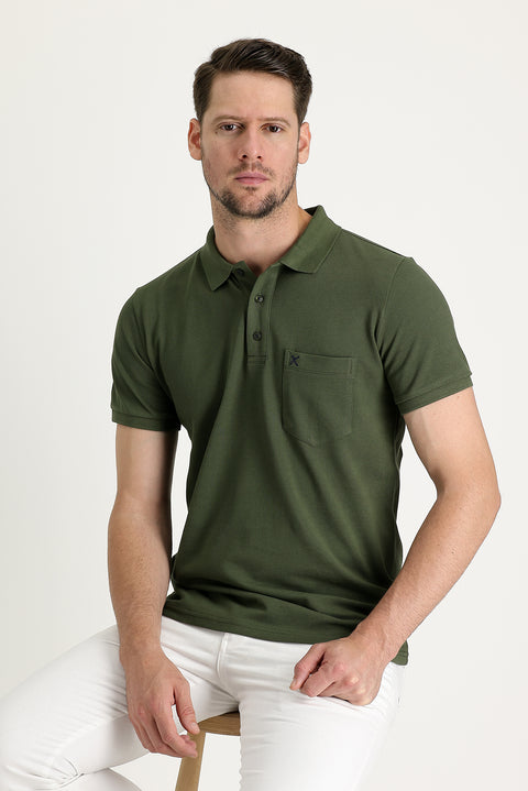 Military Khaki Pocketed Polo Collar Regular Fit Embroidered Cotton T-Shirt