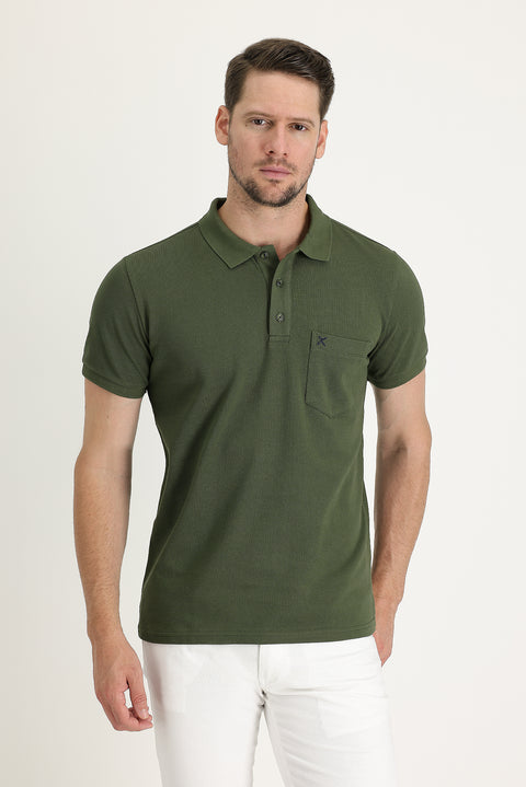 Military Khaki Pocketed Polo Collar Regular Fit Embroidered Cotton T-Shirt