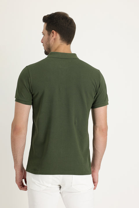 Military Khaki Pocketed Polo Collar Regular Fit Embroidered Cotton T-Shirt