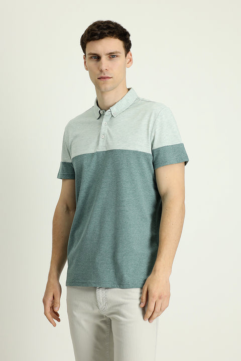 Aqua Green Polo Collar Regular Fit Patterned T-shirt
