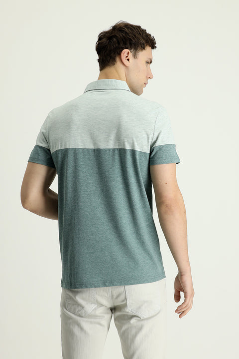 Aqua Green Polo Collar Regular Fit Patterned T-shirt