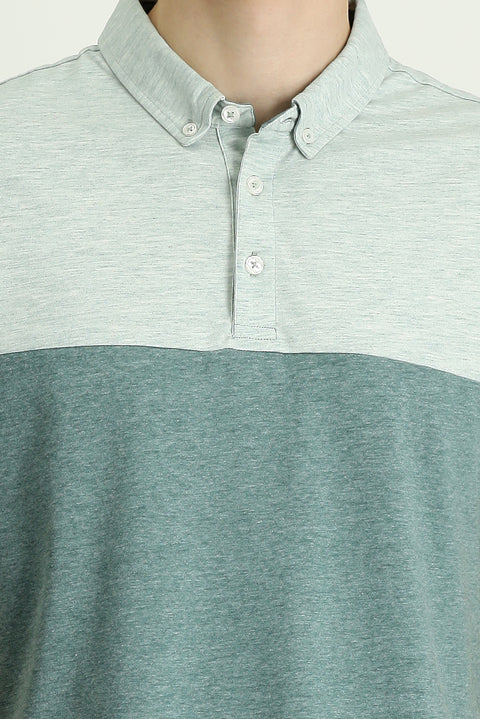 Aqua Green Polo Collar Regular Fit Patterned T-shirt
