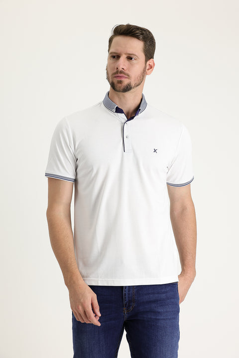 White Polo Collar Regular Fit Embroidered T-shirt