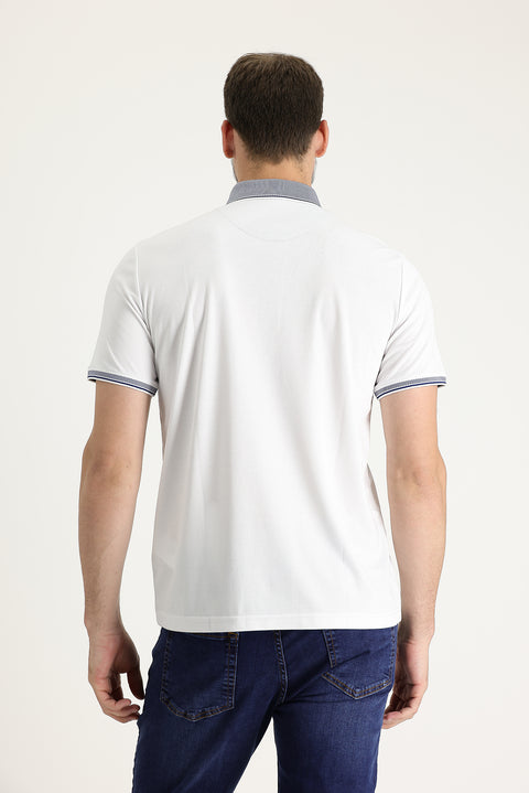 White Polo Collar Regular Fit Embroidered T-shirt