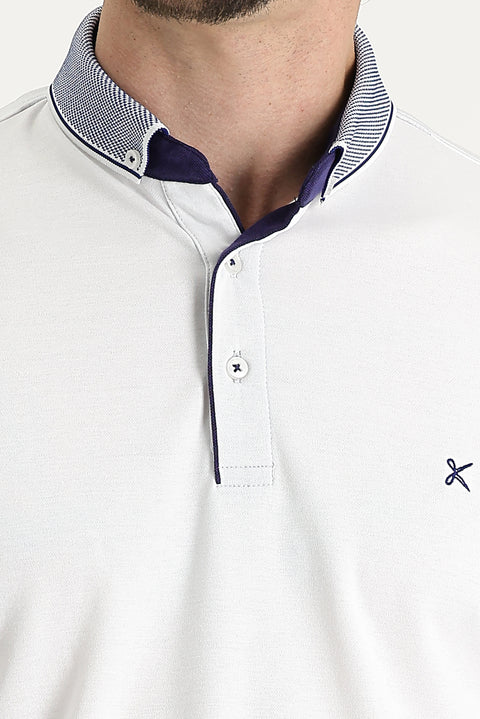 White Polo Collar Regular Fit Embroidered T-shirt