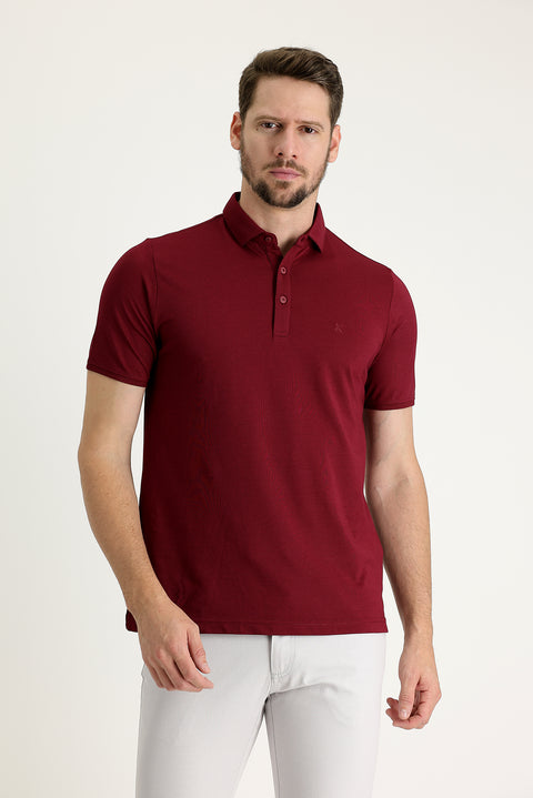 Wine Burgundy Polo Collar Regular Fit Embroidered T-Shirt