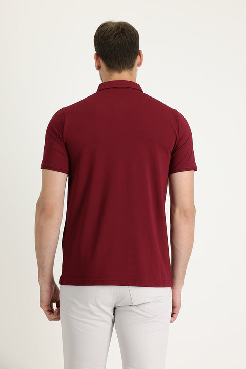 Wine Burgundy Polo Collar Regular Fit Embroidered T-Shirt