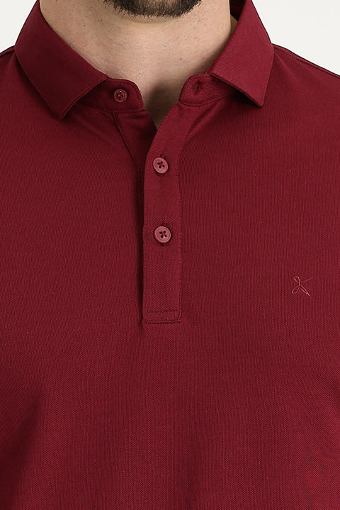 Wine Burgundy Polo Collar Regular Fit Embroidered T-Shirt