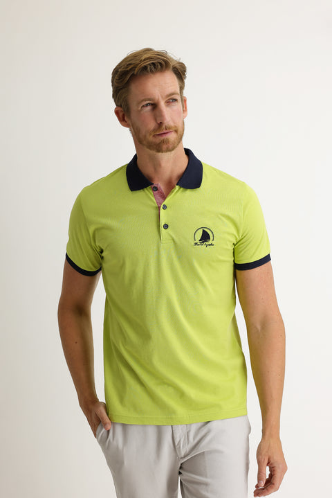 Çağla Yeşili Polo Yaka Slim Fit Dar Kesim Desenli Tişört