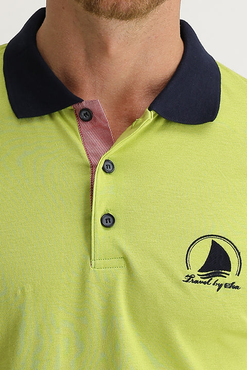 Çağla Yeşili Polo Yaka Slim Fit Dar Kesim Desenli Tişört