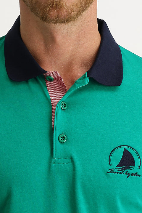 Forest Green Polo Collar Slim Fit Patterned T-shirt