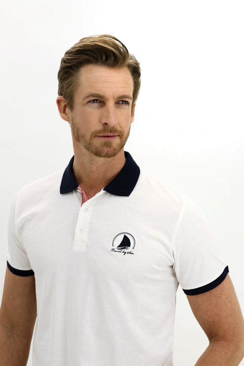 Beyaz Polo Yaka Slim Fit Dar Kesim Desenli Pamuk Tişört