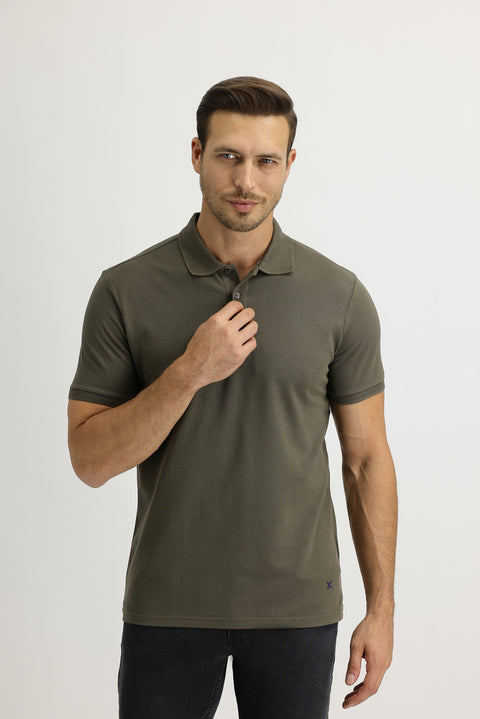 Medium Khaki Polo Collar Slim Fit Narrow Cut Embroidered Cotton T-Shirt