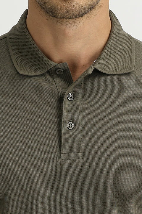 Medium Khaki Polo Collar Slim Fit Narrow Cut Embroidered Cotton T-Shirt