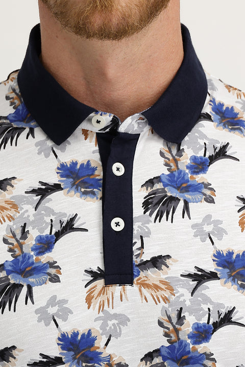 Beyaz Polo Yaka Super Slim Fit Ekstra Dar Kesim Baskılı Pamuk Tişört