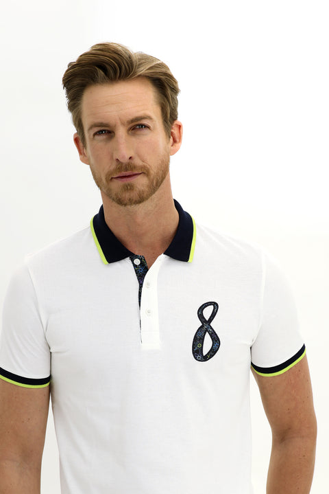 Off-white Polo Collar Slim Fit Patterned Cotton T-shirt