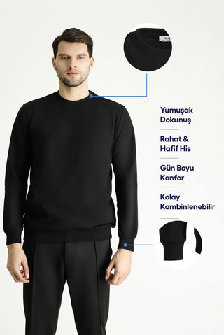 Siyah Bisiklet Yaka Regular Fit Mevsimlik 2 İplik Pamuklu Sweatshirt