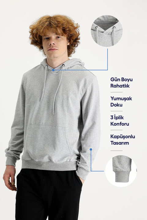 Medium Grey Melange Regular Fit Hooded Cotton Sweatshirt