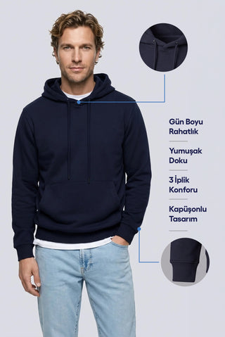 Orta Lacivert Regular Fit Kapüşonlu Pamuklu Sweatshirt