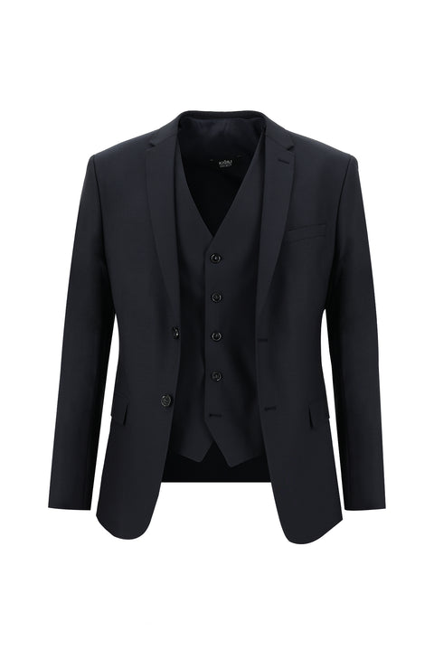 Siyah Lacivert 7 Drop Super Slim Fit Eksra Dar Kesim Yelekli Takım Elbise