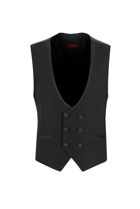 Siyah 7 Drop Slim Fit Dar Kesim Mono Yaka Yelekli Smokin & Damatlık
