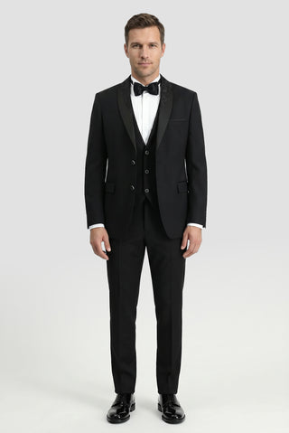 Siyah 7 Drop Slim Fit Dar Kesim Şal Yaka Yelekli Smokin & Damatlık