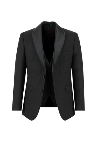 Siyah 7 Drop Slim Fit Dar Kesim Şal Yaka Yelekli Smokin & Damatlık