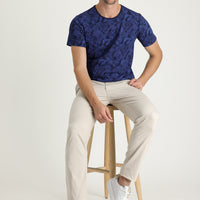 Cream Slim Fit Narrow Cut Patterned Lycra Canvas / Chino Trousers