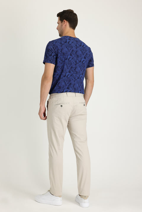 Cream Slim Fit Narrow Cut Patterned Lycra Canvas / Chino Trousers
