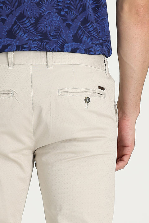 Cream Slim Fit Narrow Cut Patterned Lycra Canvas / Chino Trousers
