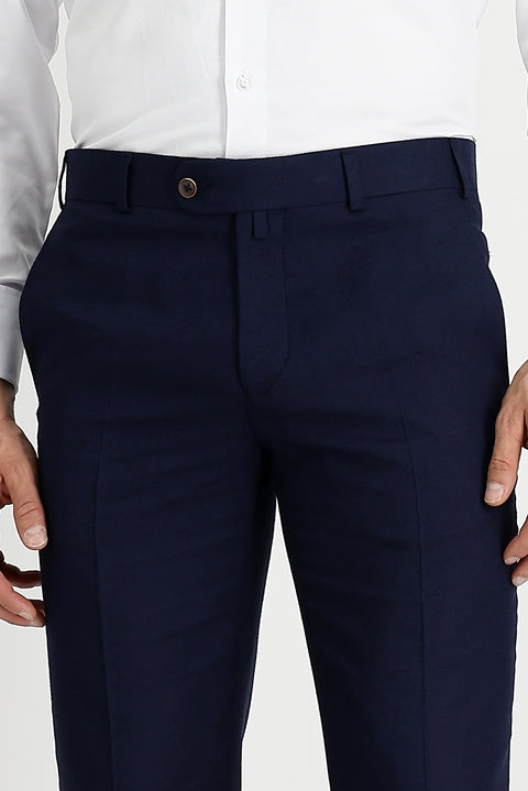 Koyu Lacivert 7 Drop Slim Fit Dar Kesim Klasik Keten Karışımlı Kumaş Pantolon