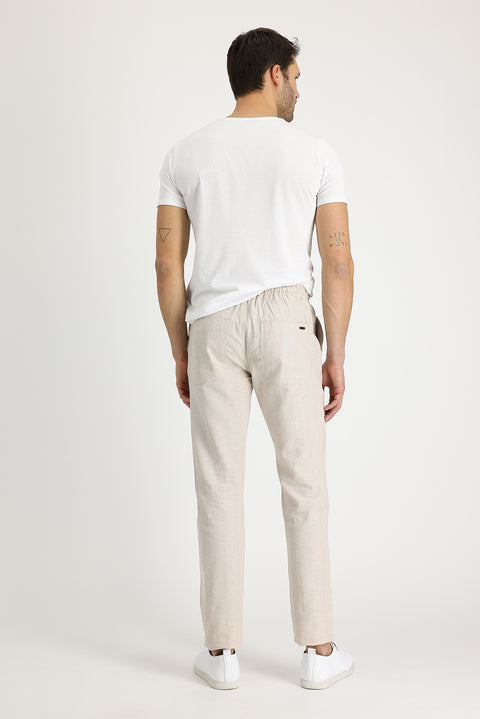 Orta Bej Slim Fit Dar Kesim Beli Lastikli İpli Çizgili Keten Pantolon