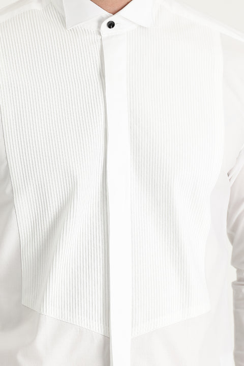 Beyaz Ata Yaka Slim Fit Dar Kesim Piliseli Pamuk Gömlek