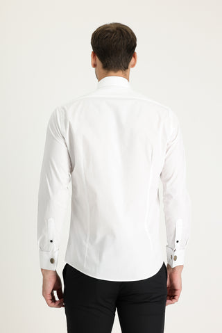 Beyaz Ata Yaka Slim Fit Dar Kesim Piliseli Pamuk Gömlek