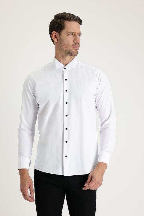 White Long Sleeve Stand Collar Slim Fit Narrow Cut Cotton Easy Iron Shirt