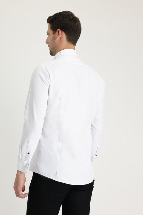 White Long Sleeve Stand Collar Slim Fit Narrow Cut Cotton Easy Iron Shirt