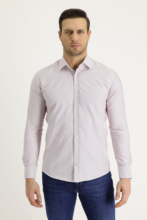 Light Red Long Sleeve Slim Fit Narrow Cut Classic Patterned Cotton Easy Iron Shirt