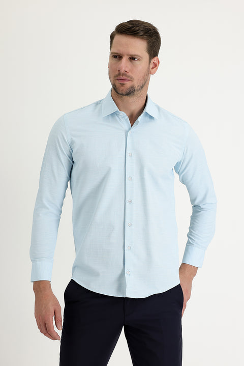 Aqua Mavisi Uzun Kol Slim Fit Dar Kesim Klasik Desenli Pamuklu Kolay Ütülenebilir Gömlek