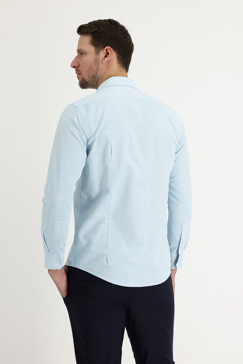 Aqua Mavisi Uzun Kol Slim Fit Dar Kesim Klasik Desenli Pamuklu Kolay Ütülenebilir Gömlek