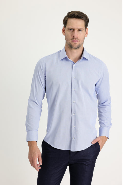 Light Blue Long Sleeve Slim Fit Narrow Cut Classic Patterned Cotton Easy-Iron Shirt