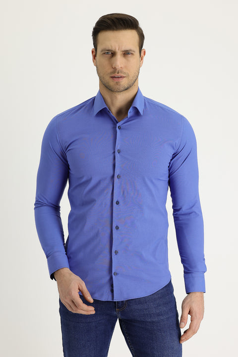 Dark Navy Long Sleeve Slim Fit Narrow Cut Classic Patterned Cotton Easy-Iron Shirt