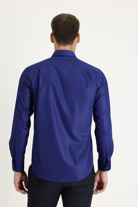 Medium Navy Long Sleeve Non-Iron Satin Classic Cotton Shirt