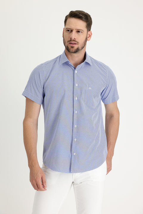 Navy Blue Short Sleeve Regular Fit Plaid Shirt