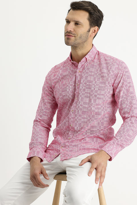 Sugar Pink Long Sleeve Slim Fit Printed Cotton Shirt